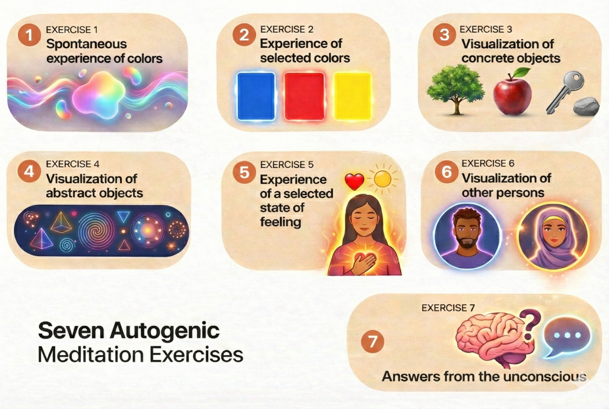 Table listing the seven autogenic meditation exercises in order of difficulty